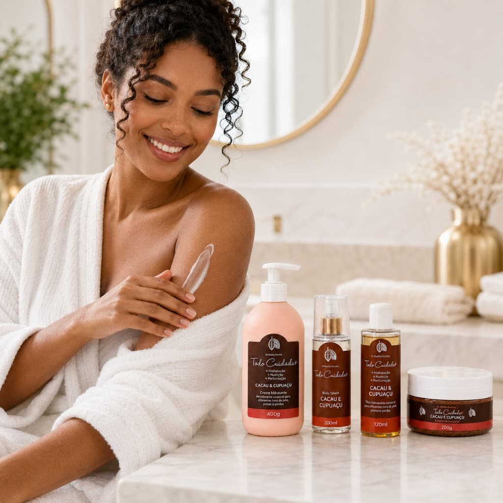 Kit Cacau E Cupuaçu Abelha Rainha Com Creme Hidratante Óleo Corporal Body Splash E Esfoliante