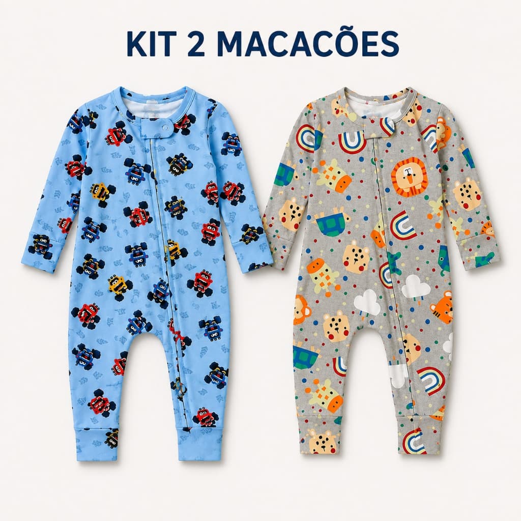 Kit 2 Macacões Suede Bebê Menino RN ao G Manga Longa com Zíper Tecido Quentinho Toque de Pêssego