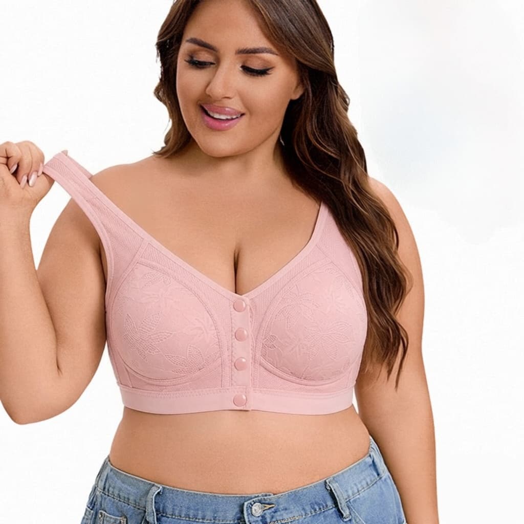 Sutiã feminino plus size sem aro com fecho frontal, estilo regata estampada, alças largas.