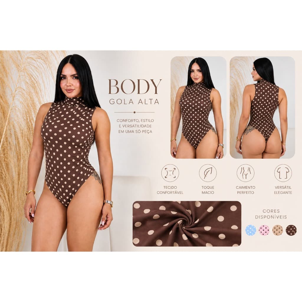Body Feminino Poá Retrô Anos 60 Bolinha Vintage Elegante Manga Curta Moda Gola alta da Dorkas