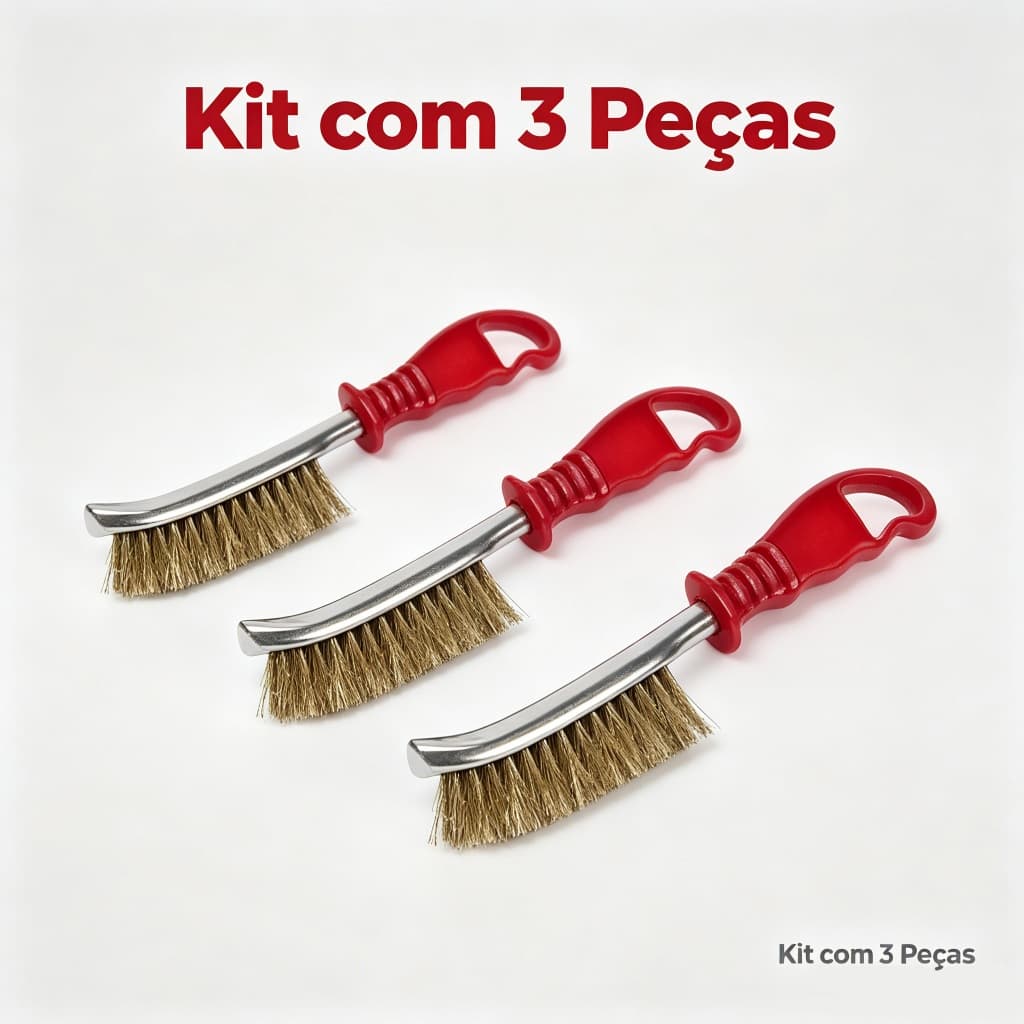Escova de Aço com Cabo Plástico Kit 3 Unidades, Remove Ferrugem, Tinta e Sujeira, Para Oficina Mecânica