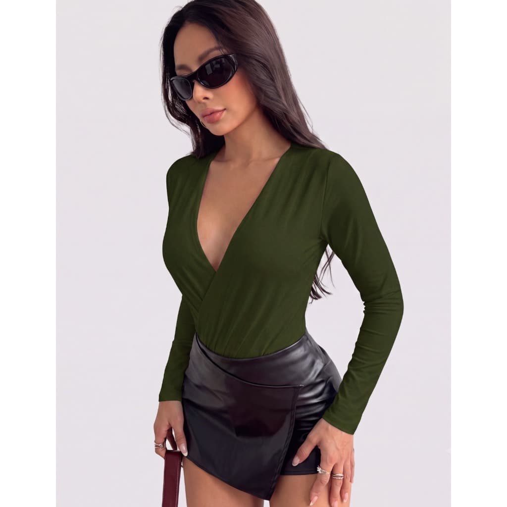 Body Bori Feminino Manga Longa Casual Decote V Marquezine Transpassado