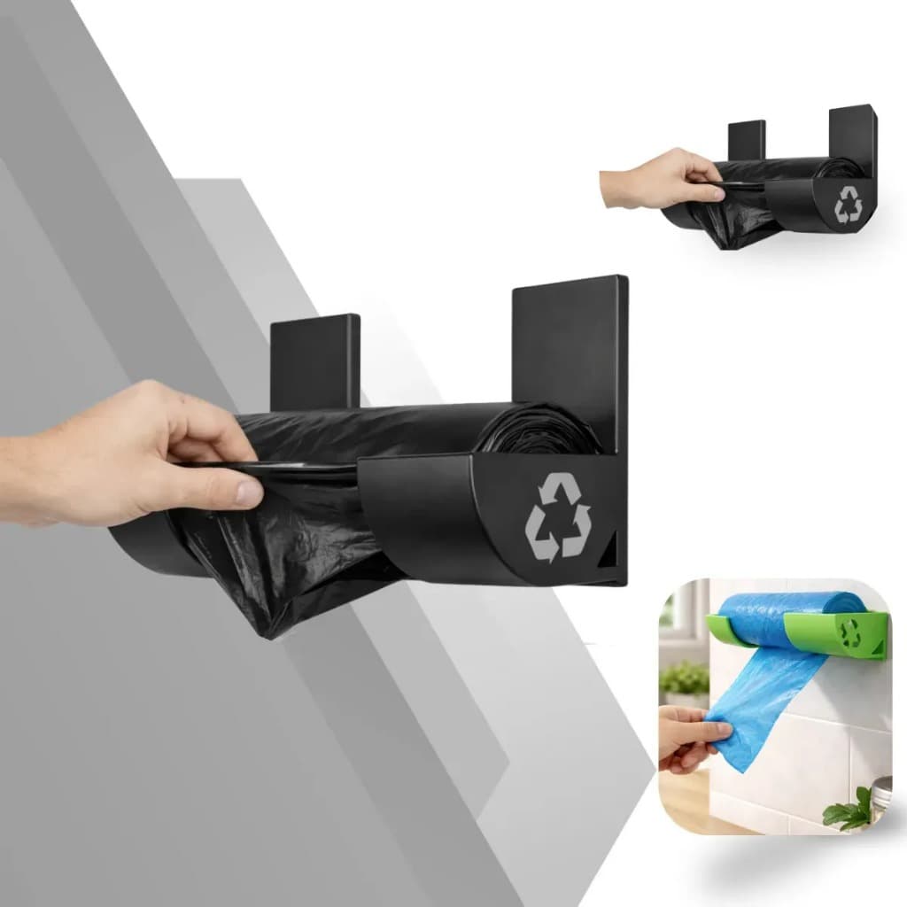 Suporte Rolo Puxa Saco de Lixo Dispenser Cozinha Preto + Fita 3M