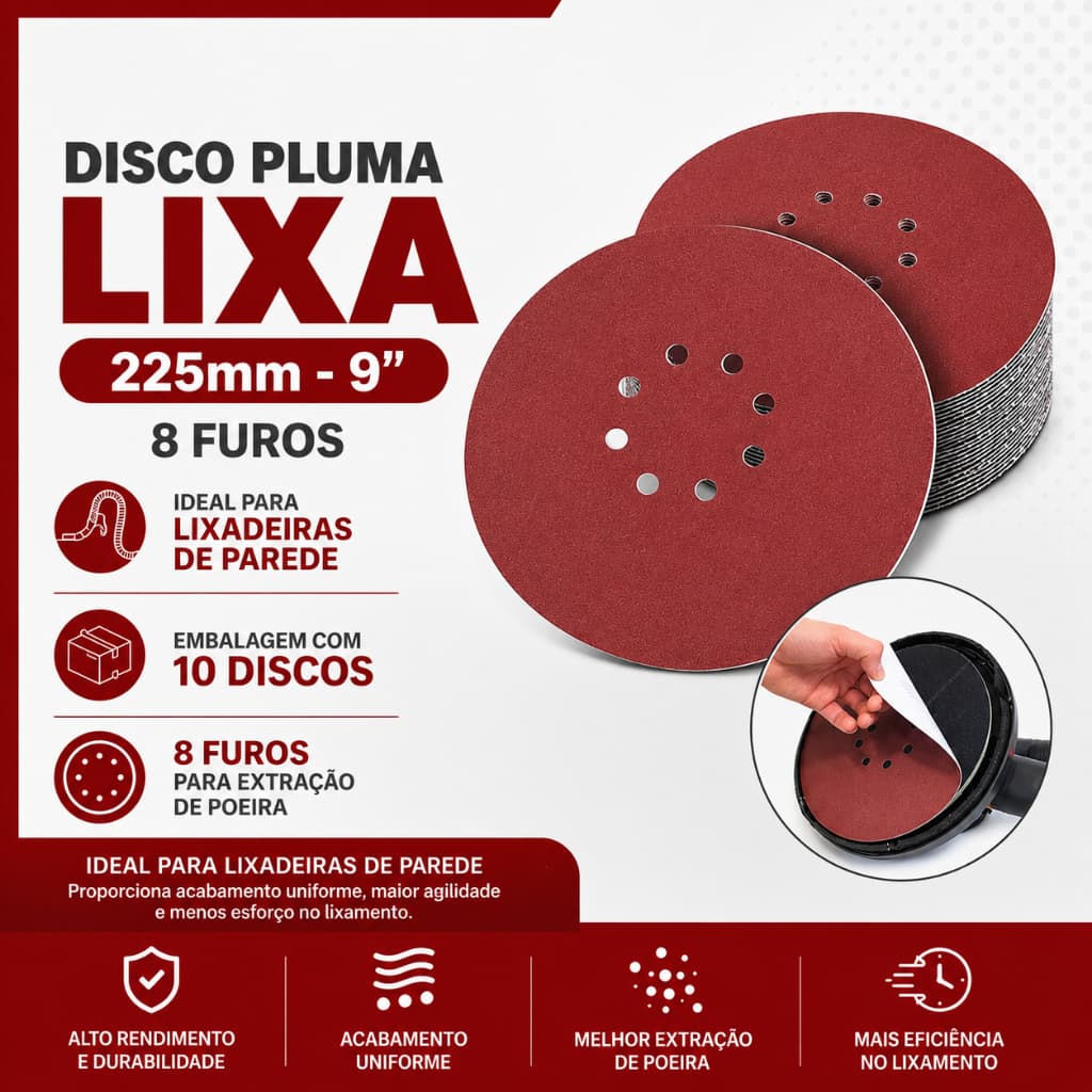 10 Discos Pluma Lixa 8 Furos 225mm 9pol Massa Parede Lixadeira Girafa