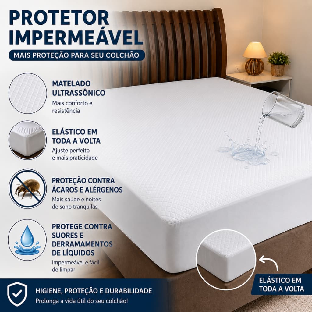 Protetor Impermeável Para Colchão com Matelado Ultrassônico e Elástico Toda Volta Berço Solteiro Casal Queen King