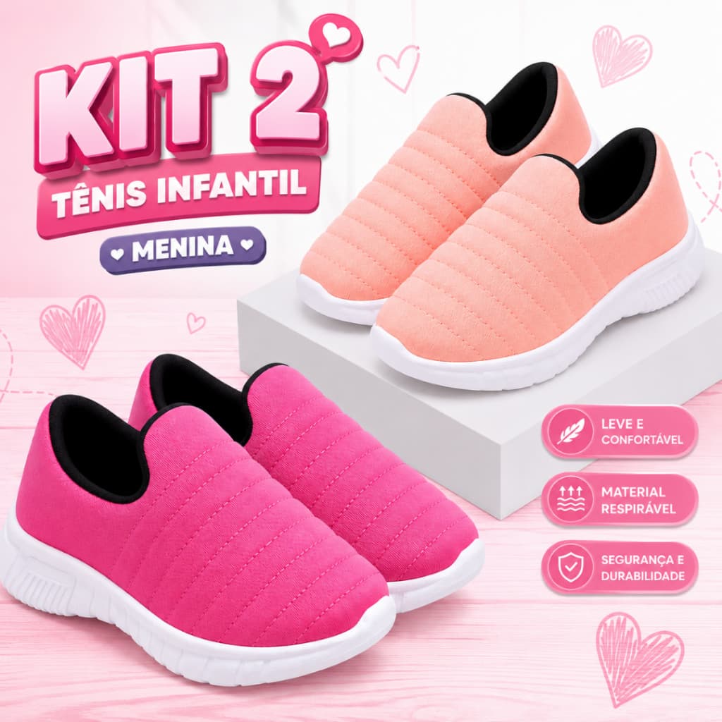 Kit 2 Tênis Infantil Menina Bordado Antiderrapante Com Tecido Respirável E Calce Fácil Slip On