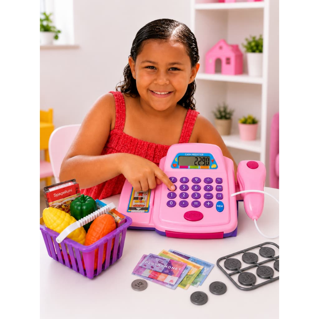 Caixa Registradora Brinquedo Infantil Com Som Luz Mercadinho Acessórios Cestinha Calculadora