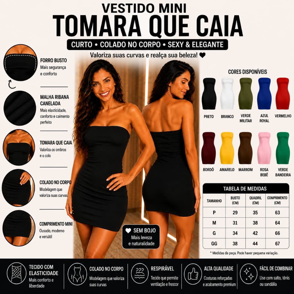 Vestido Tubinho Mini Tomara Que Caia Canelado Curto Feminino Forrado Busto Colado Modelador Blogueira