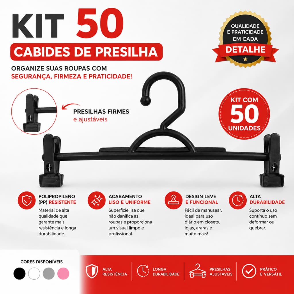 Kit 50 Cabides de Presilha Preto Reforçado Para Roupas – Cabide com Presilhas Ajustáveis