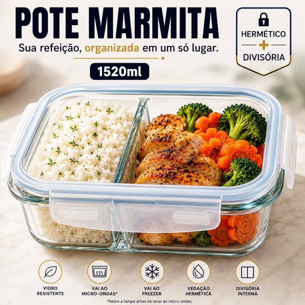 Pote Marmita de Vidro Hermético COM DIVISÓRIA 1520ml para Alimentos e Refeições Alta Qualidade