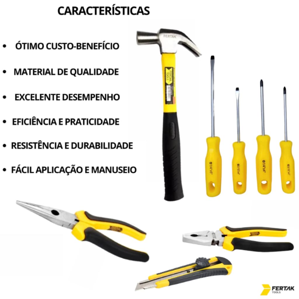Kit Ferramentas 8 Peças-Martelo+Alicate Universal+Alicate bico meia cana+Kit Chaves+Estilete-FERTAK.