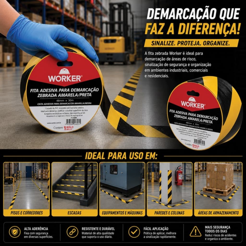 Fita Adesiva para Demarcação Zebrada Amarela e Preta 48mmX30m