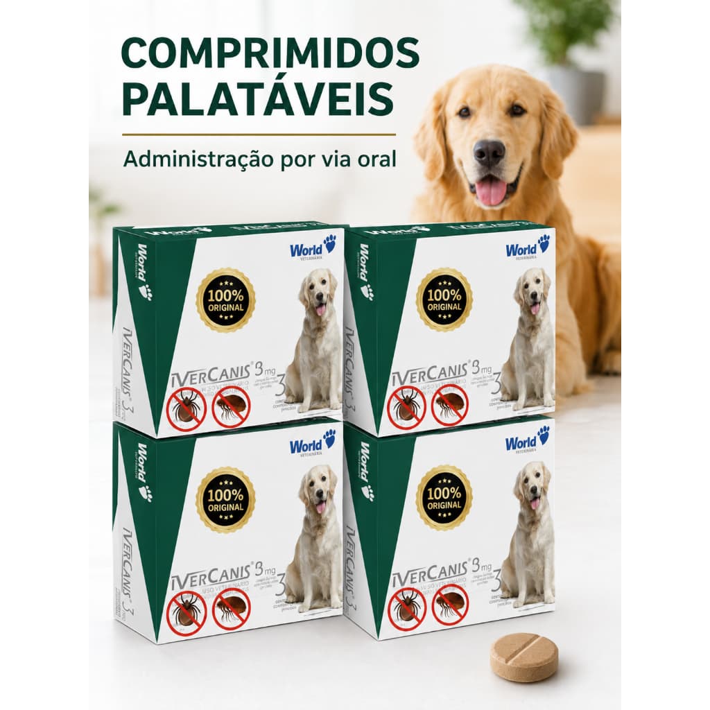 Kit 4 Caixas Ivercanis 3mg World 16 Comprimidos Ivermectina Cães até 15kg Antiparasitário Sarna Sarcóptica Palatável Pet