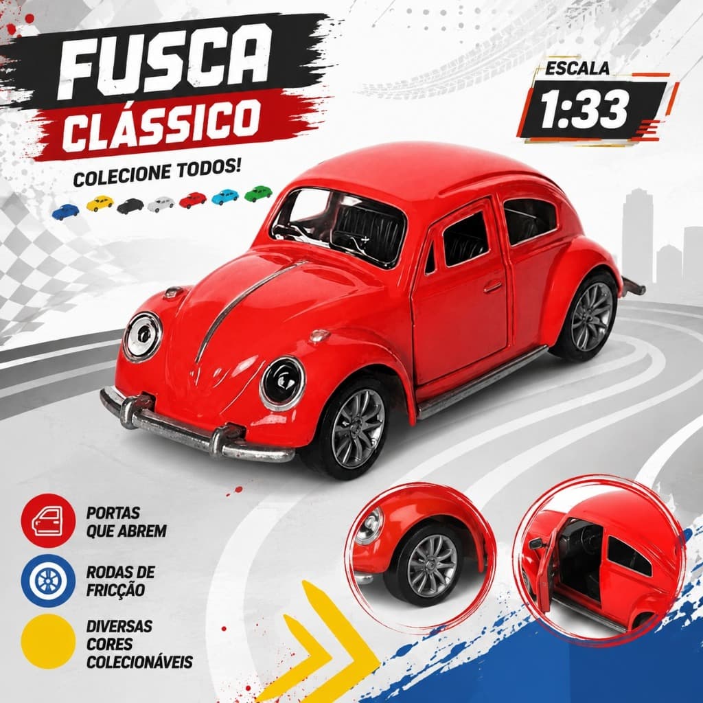 Fusca Antigo Miniatura Liga Metálica 1:33 Colecionável 2 Portas Móveis