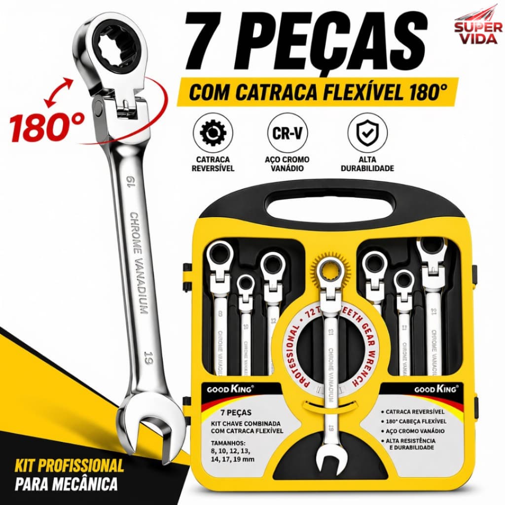Kit Chave Catraca 7 Peças Cabeça Flexível 180° Chave Combinada CR-V Aço Cromo Vanádio 8 a 19mm