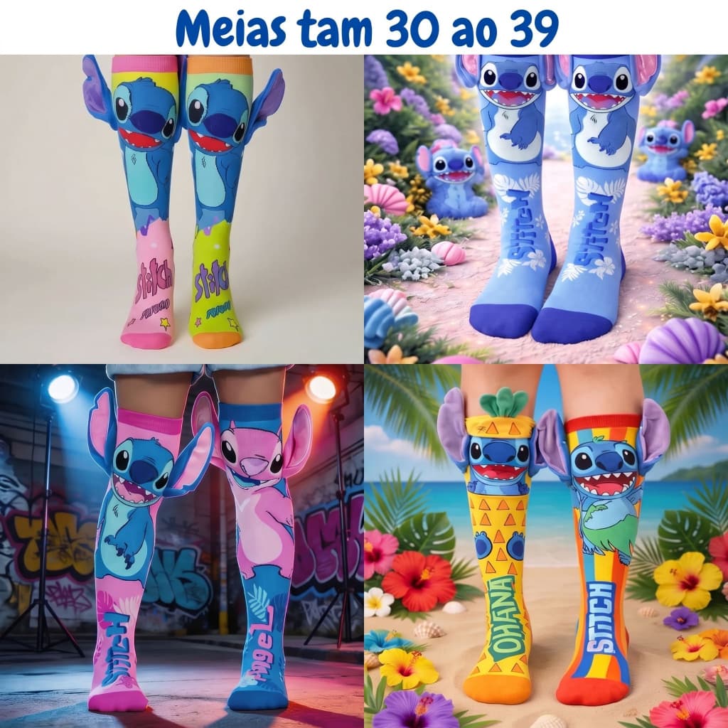Meias Divertidas Stich Angel 3D Infantil e Adulto Cano Alto Algodão do 30 ao 39