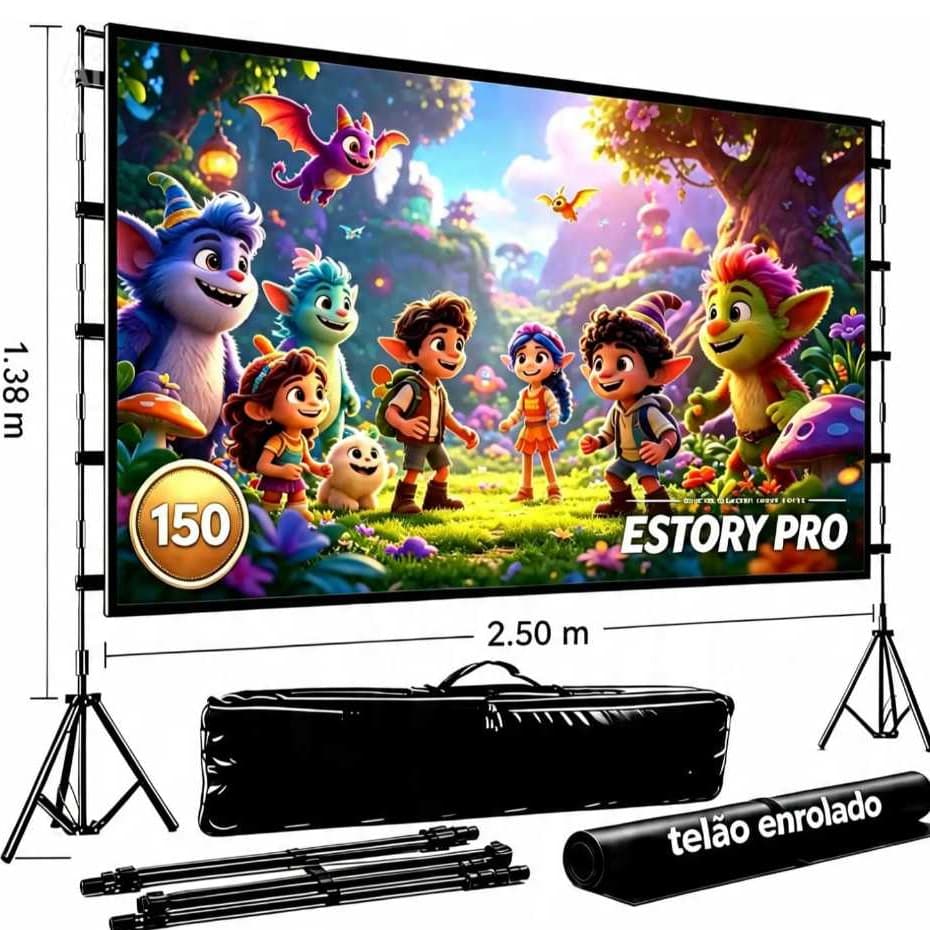 Kit Telão Tela De Projeção Projetor Com Estrutura Estory Mais Tela Pro Full Hd Para Todos Ambiente  4K Lona 2,50 X 1,38