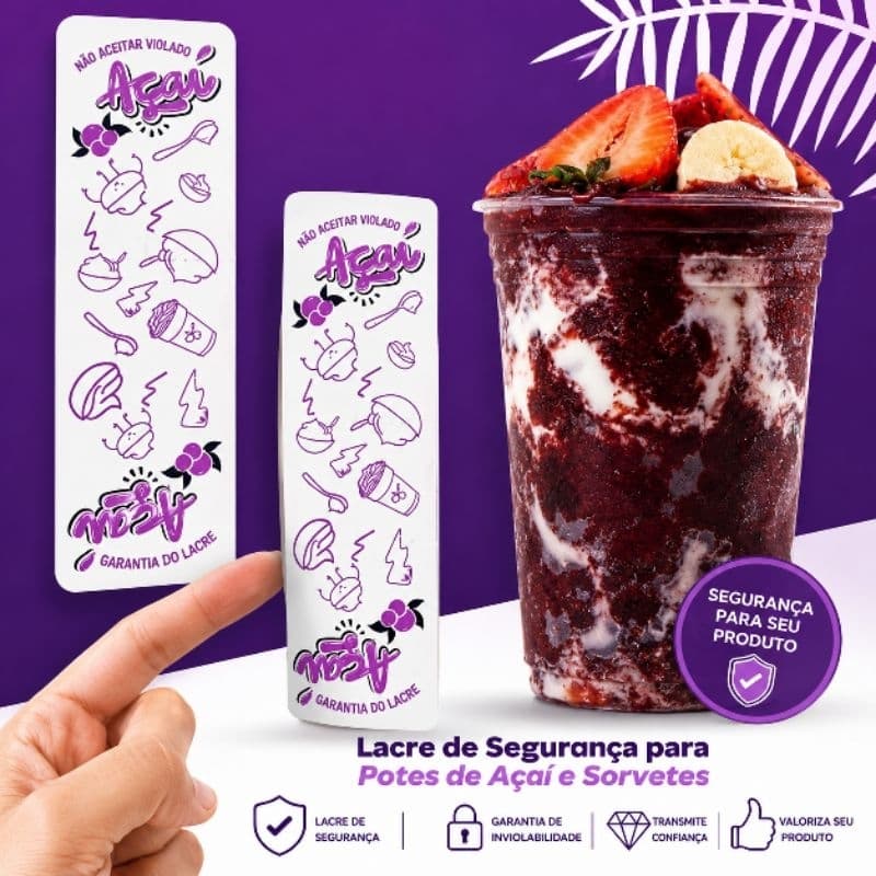 Etiqueta Lacre Adesivo 100x30mm | 1 Rolo C/1000 UND / Açaí Delivery Etiqueta para Copo/Pote