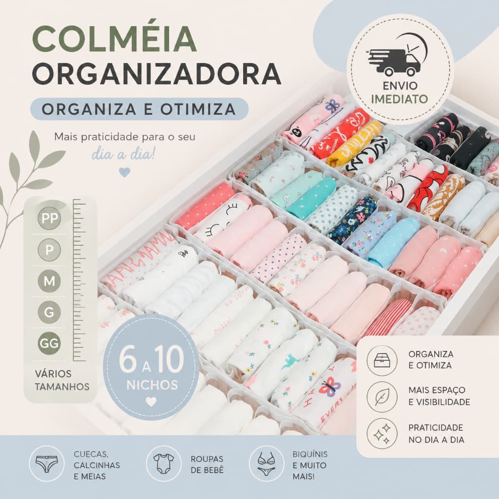 Colmeia Organizador de Gavetas tamanho PP,  P, M, G, GG para armários, closet e nichos armazenamento de 6 a 10 nichos