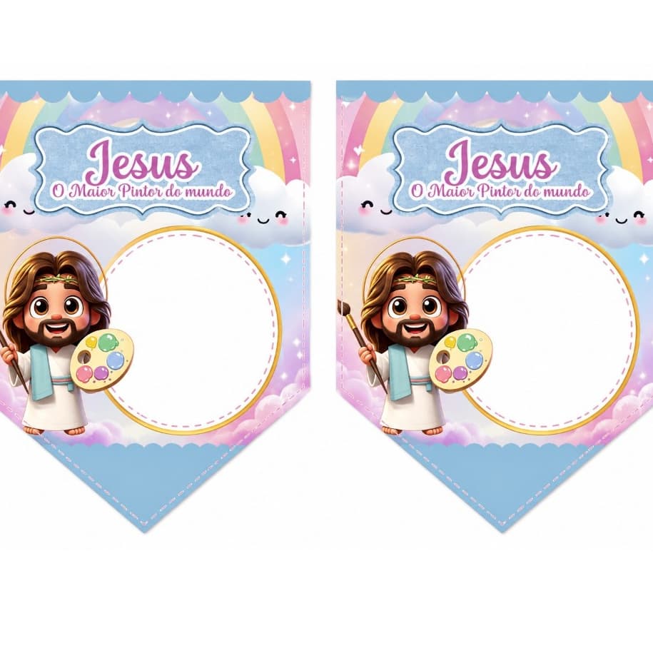 Bandeirolas Jesus O maior pintor do mundo Personalizadas para Festas - 12 BANDEIRINHAS