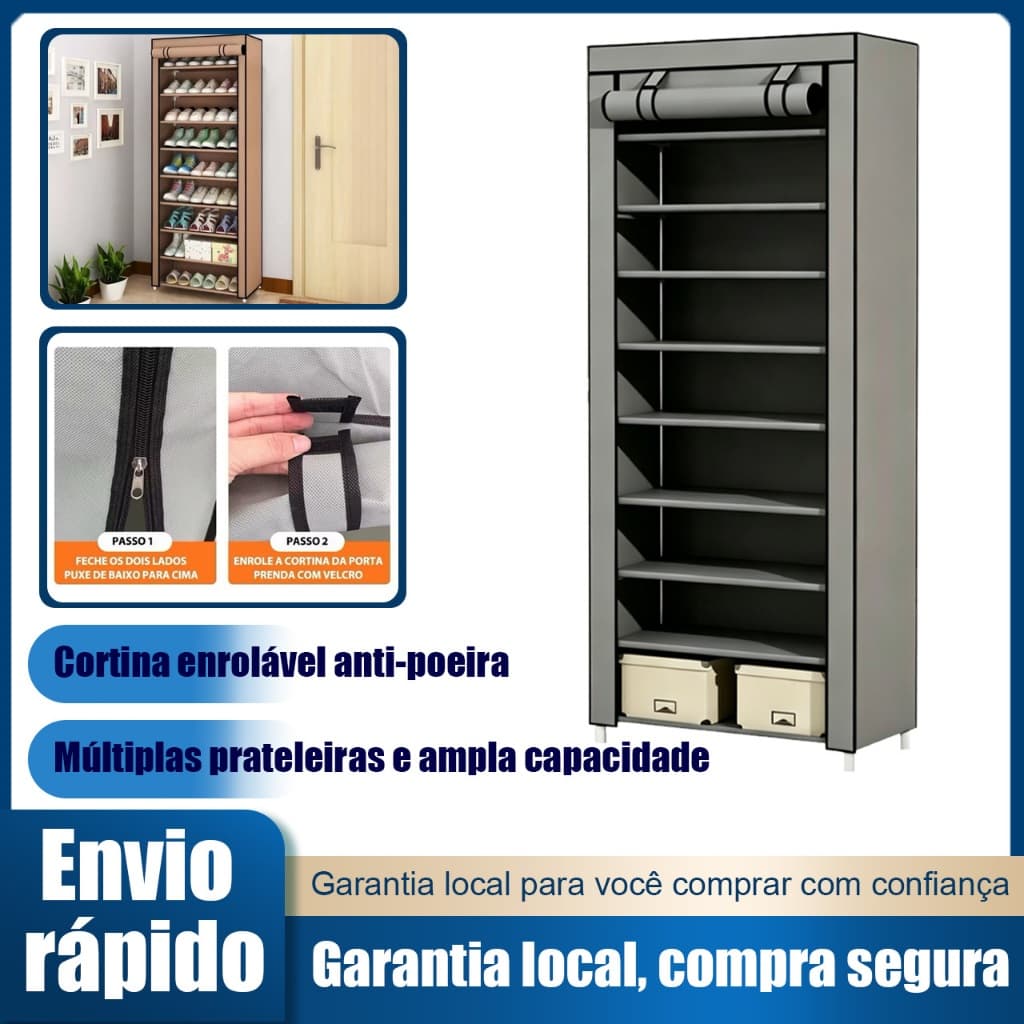 Sapateira 9 Camadas Anti Poeira com Cortina Organizador de Sapatos Montável Tecido Espesso Suporte Resistente Armazena
