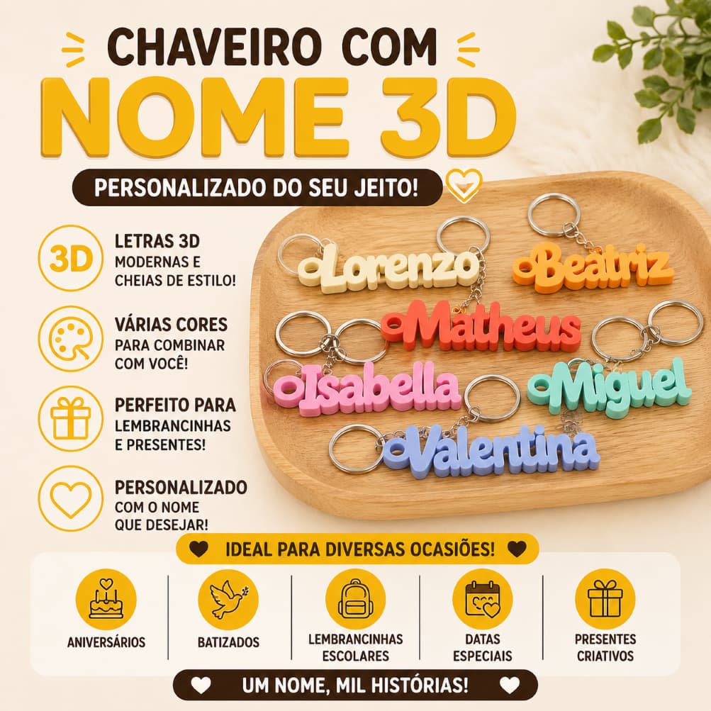 Chaveiro com Nome 3D com Argola - Lembrancinha, Aniversários, Batizados, Escolar, Datas