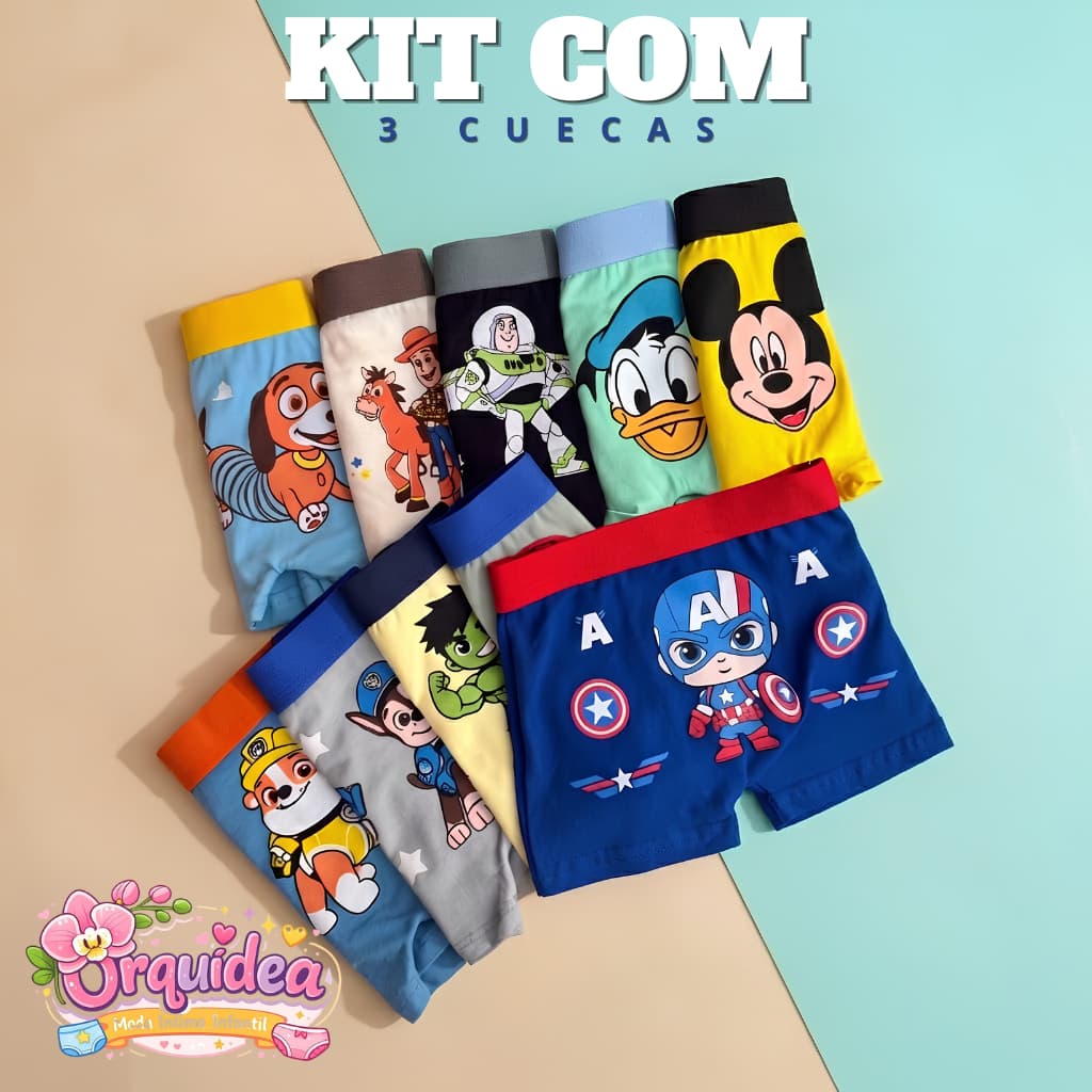 Kit 3 Cuecas Boxer Infantil Estampadas Menino em Algodão Cotton Conforto Qualidade Estampas Sortidas