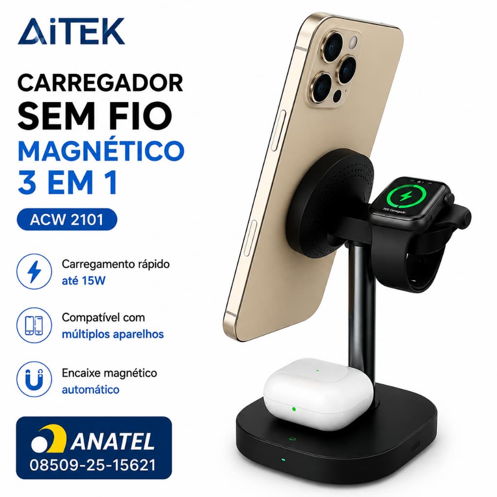 Carregador Sem Fio Magnético 3 em 1 Aitek ACW 2101 15W para Celular Smartwatch e Fone Qi