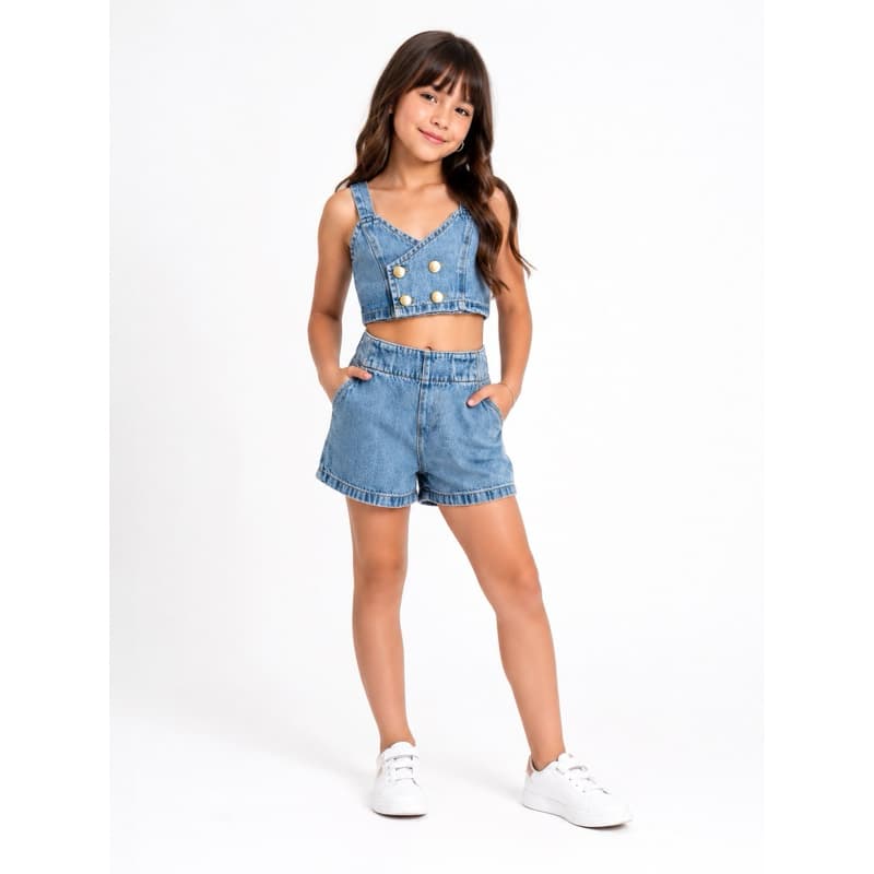 conjunto jeans short com top 4 botões em B