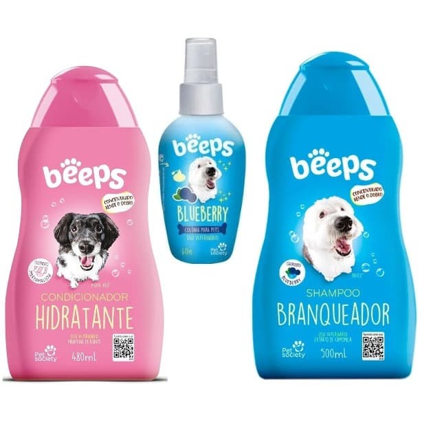Kit Beeps Pet Society Shampoo Branqueador 500ml + Condicionador 480ml + Colônia Blueberry 60ml