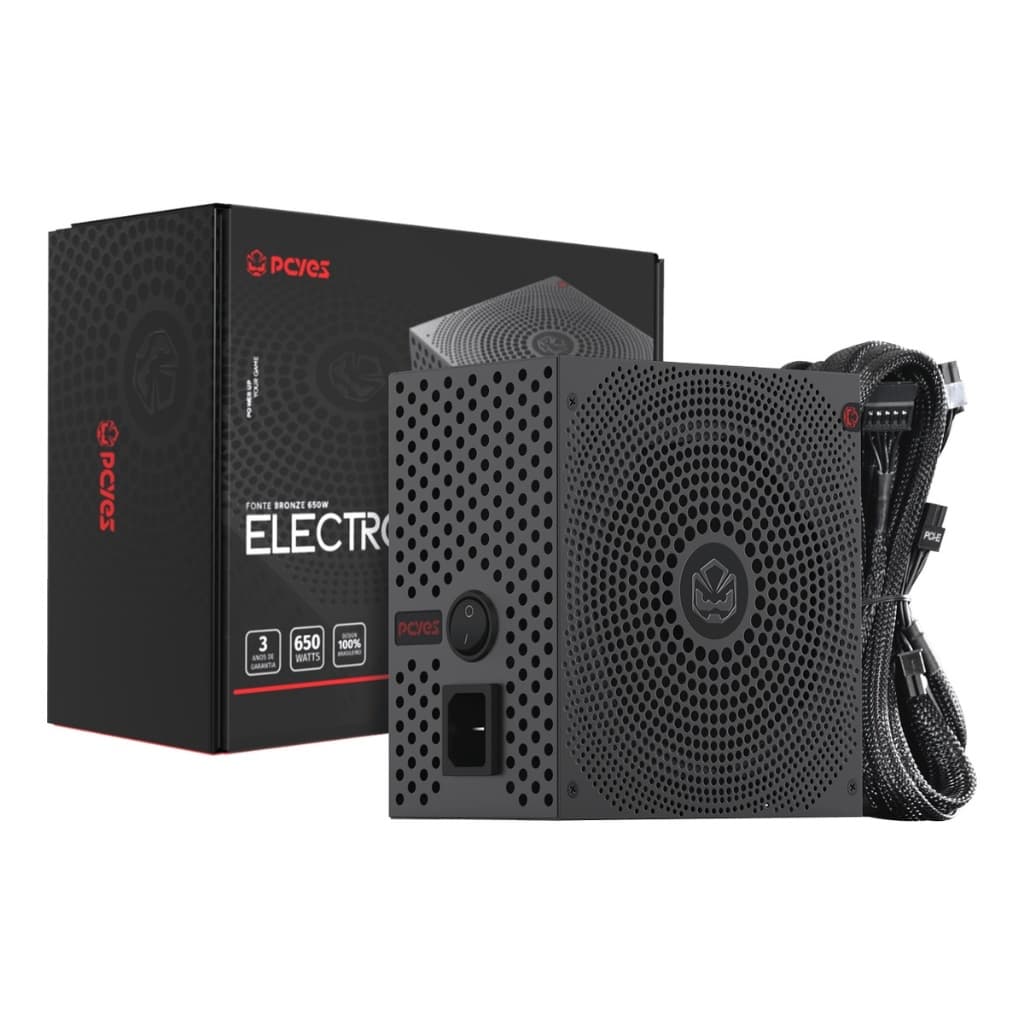 Fonte Gamer PCYES Electro V2 650W 80 Plus Bronze PFC Ativo Preta ELECV2PTO650W Cabos Full Black