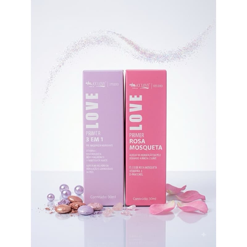 Primer Max Love Studio 3 em 1 30ml | Pré-Maquiagem Hidratante | Rosa Mosqueta + Ácido Hialurônico
