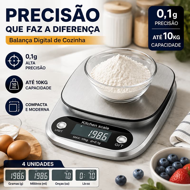 Balança de Cozinha Digital de Alta Precisão 0.1g/10kg