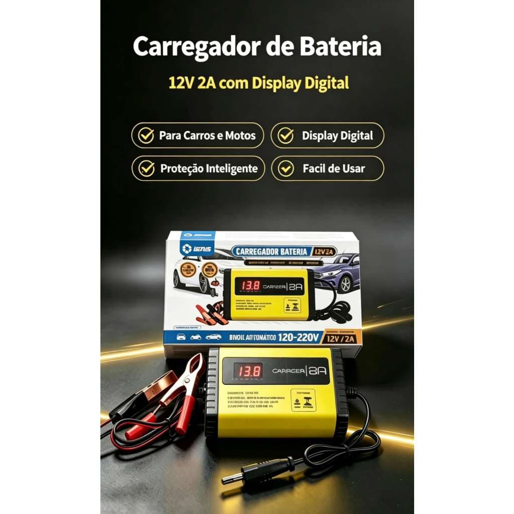 Carregador Bateria Automotiva Carro Moto 12V Painel Digital Bivolt