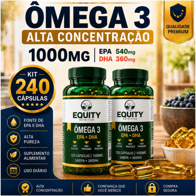 Ômega 3 1000mg EPA DHA 240 Cápsulas Original Alta Concentração Equity Nutrition