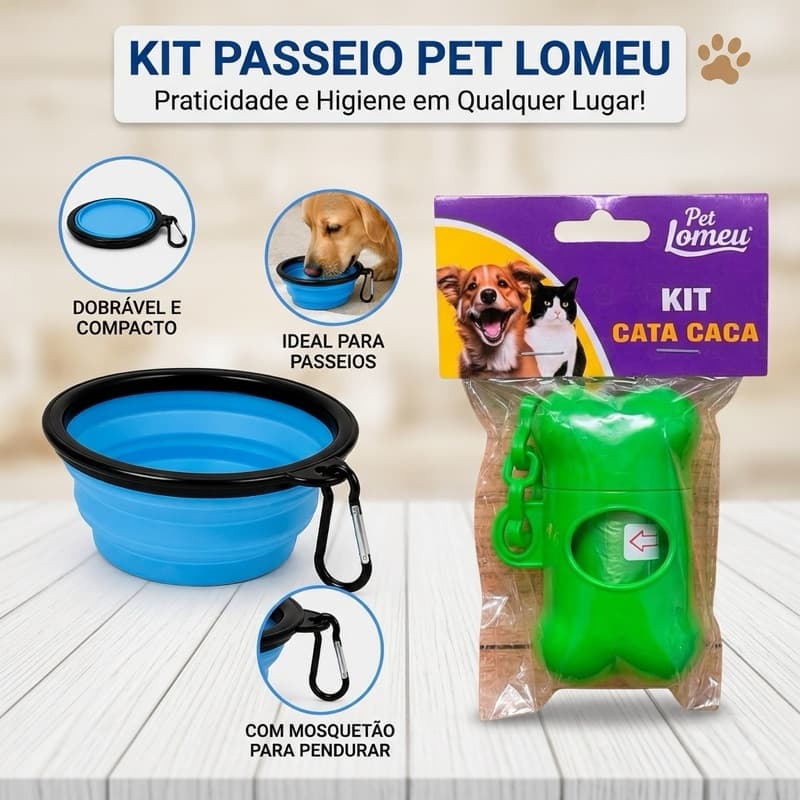 Kit Passeio Pet Bebedouro Retrátil Dobrável Com Mosquetão + Suporte Kit Cata Caca Saco Higiênico Cães e Gatos Pet Lomeu