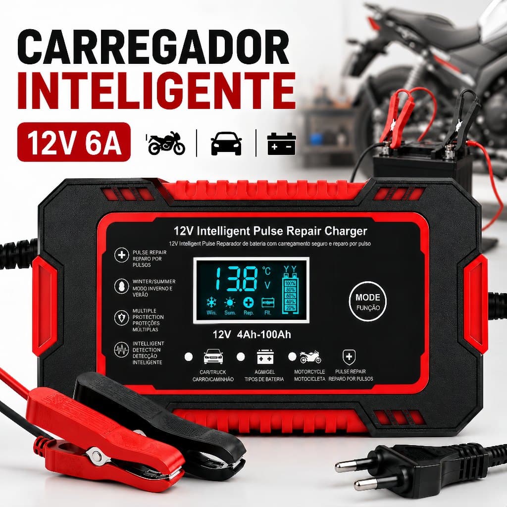 Carregador de Bateria Automotivo Inteligente 12V 6A Bivolt Para Moto e Carro Com Visor Digital e Reparo Por Pulso