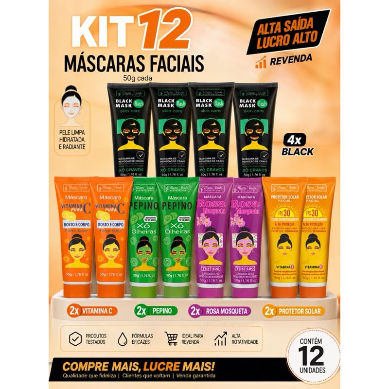 Kit 12 Máscaras Faciais Matto Verde 50g 4 Black Mask + Vitamina C + Pepino + Rosa Mosqueta + Protetor Solar FPS30Revenda