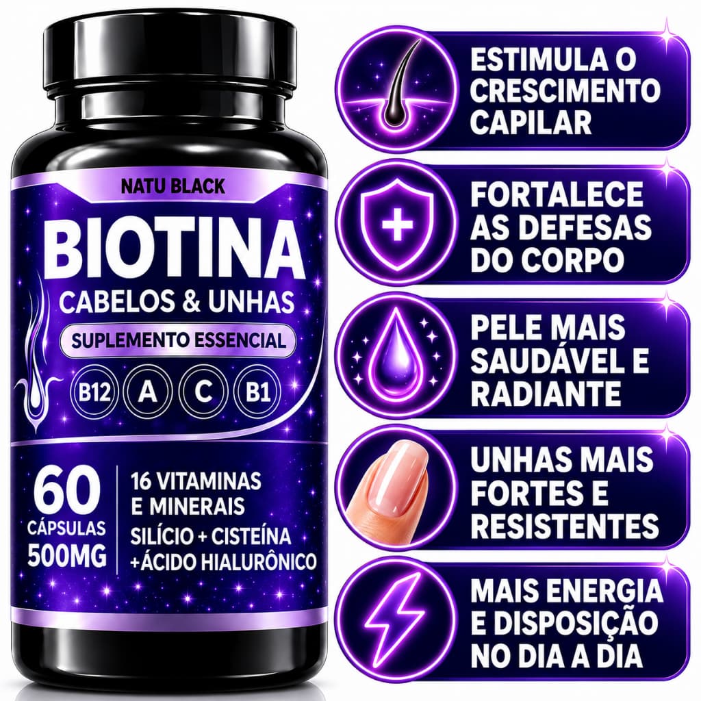 Biotina Pura Cabelos Unha e Pele com Ácido Hialurônico - ENVIO IMEDIATO