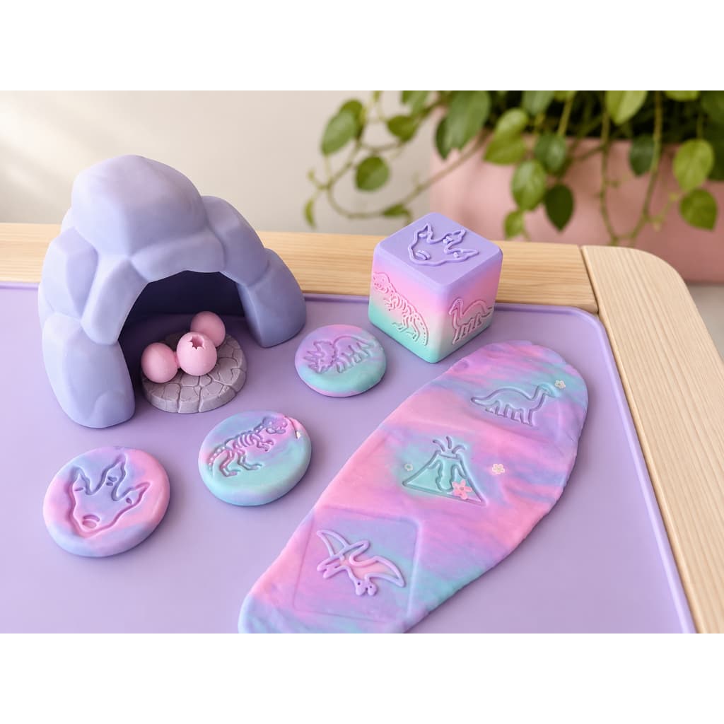 Cubo para Argila Massa de Modelar e Biscuit 6 Lados Dinossauro T-Rex Tricerátops Fóssil Vulcão