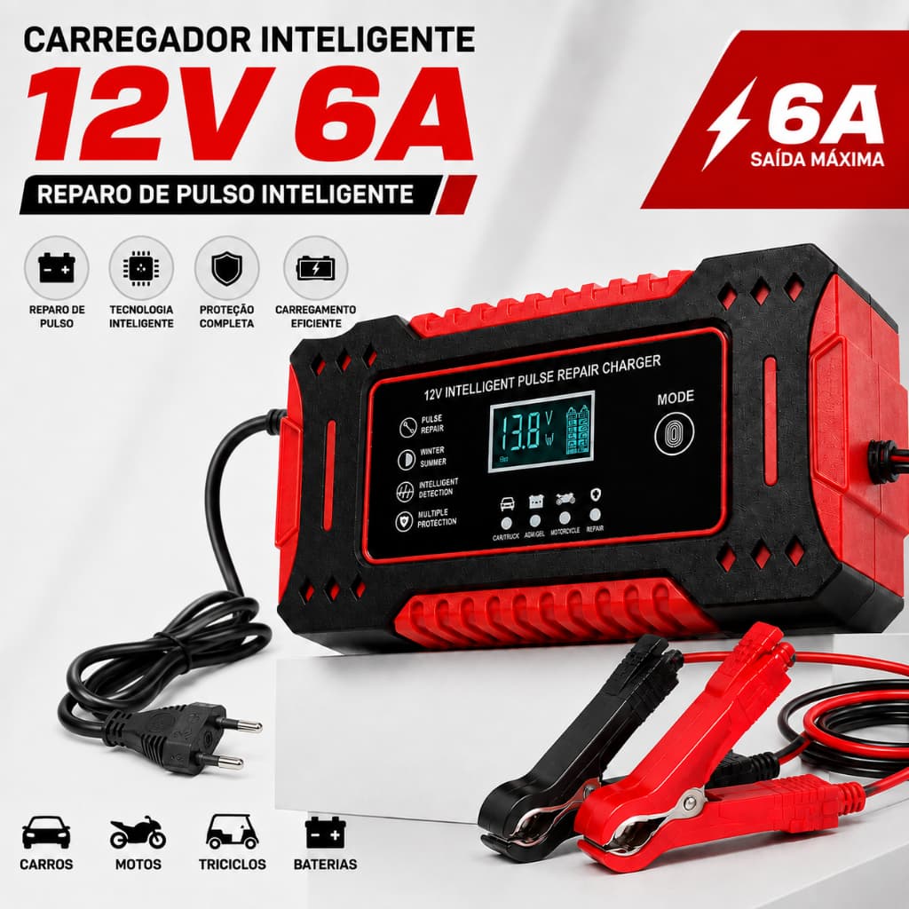 Carregador De Bateria Inteligente Automotivo 12V 6A Bivolt Com Reparo De Pulso e Display Digital Para Carro E Moto