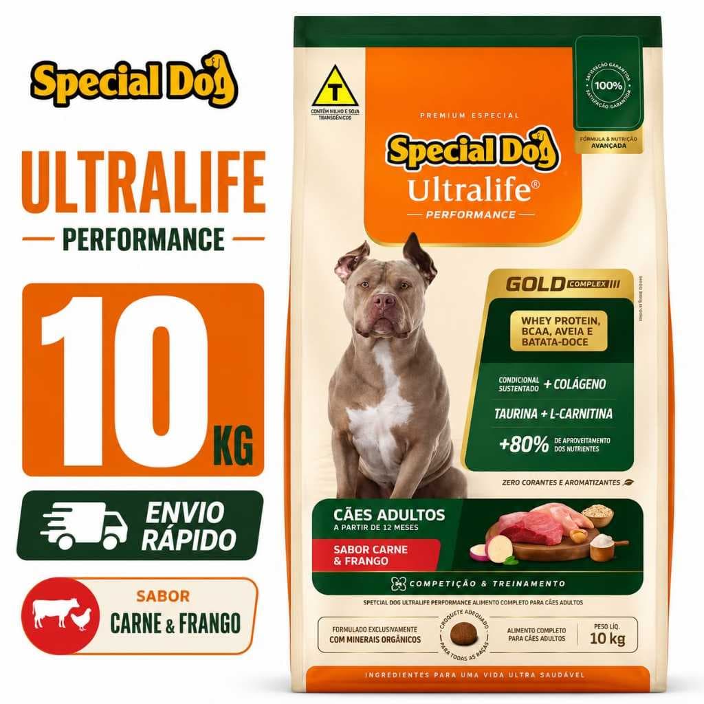 Ração Special Dog Adulto Performance Ultralife Gold Cães Adultos Carne e Frango 10,1Kg