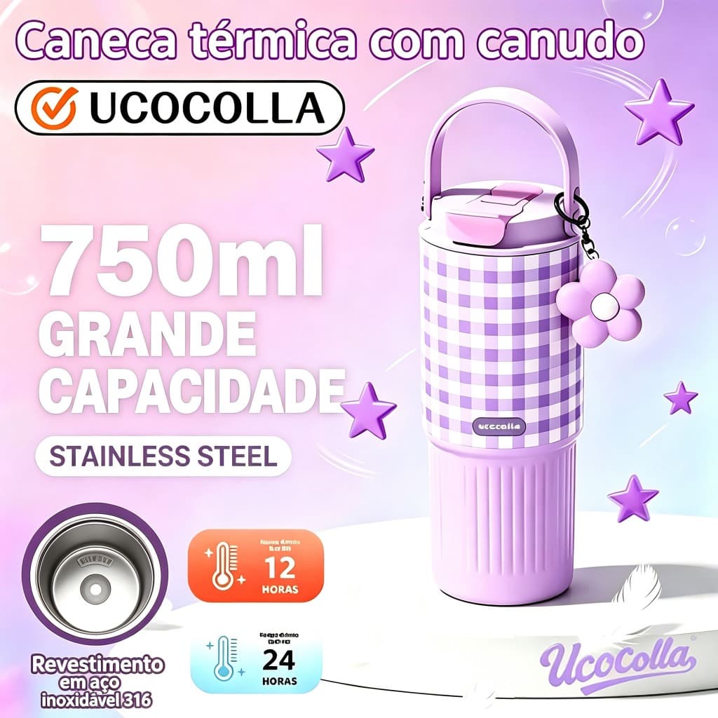 UCOCOLLA Copo Térmico 750ml Aço Inox Fashion Portátil com Alça Canudo Pingente Monet Garden Design Água Quente e Fria