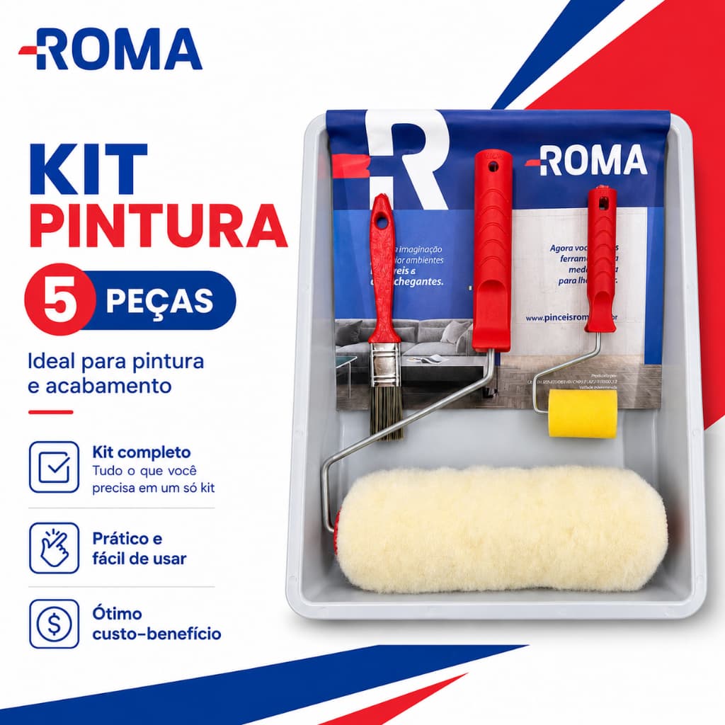 Kit de Pintura 5Pçs Roma Alto Padrão Qualidade Rolos 23cm/5cm Lã C/ Suporte, Bandeja e Trincha