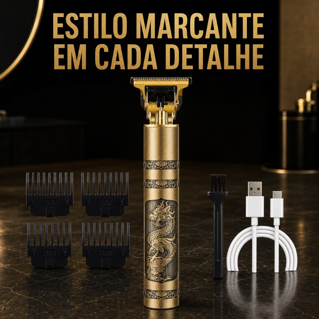 Kit Máquina de Acabamento T Blade Dourada USB com 4 Pentes e Escova para Cabelo Barba Contorno Corte Masculino Barbearia