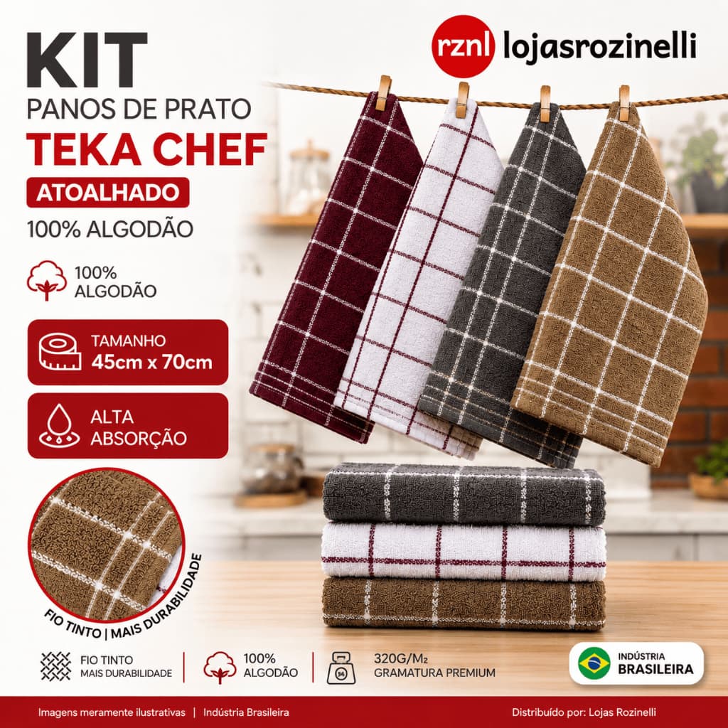 KIT 3 PANOS DE PRATO TEKA CHEF PREMIUM  ATOALHADO 100% ALGODÃO 45X70 CM