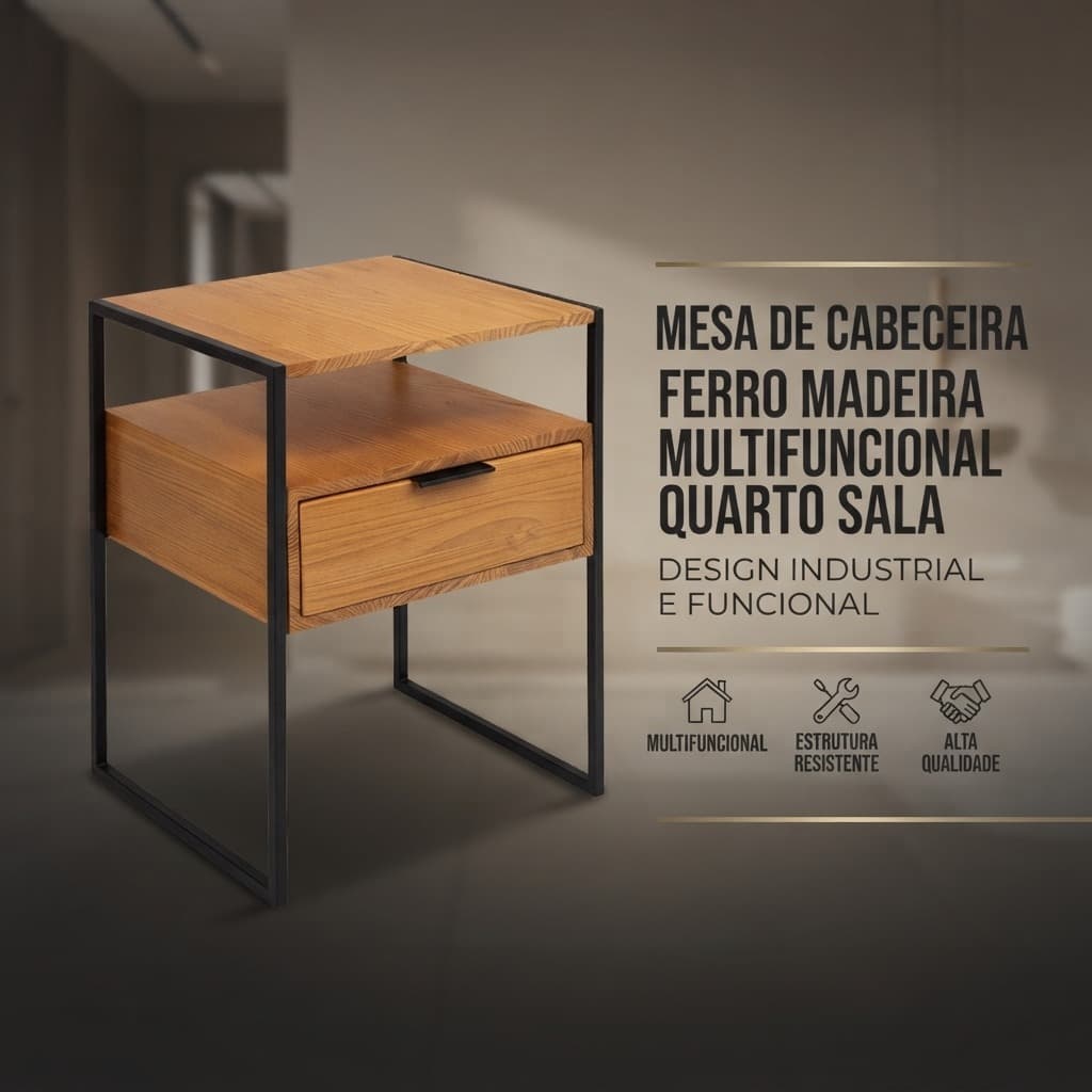 Mesa De Cabeceira Ferro Madeira Multifuncional Quarto Sala