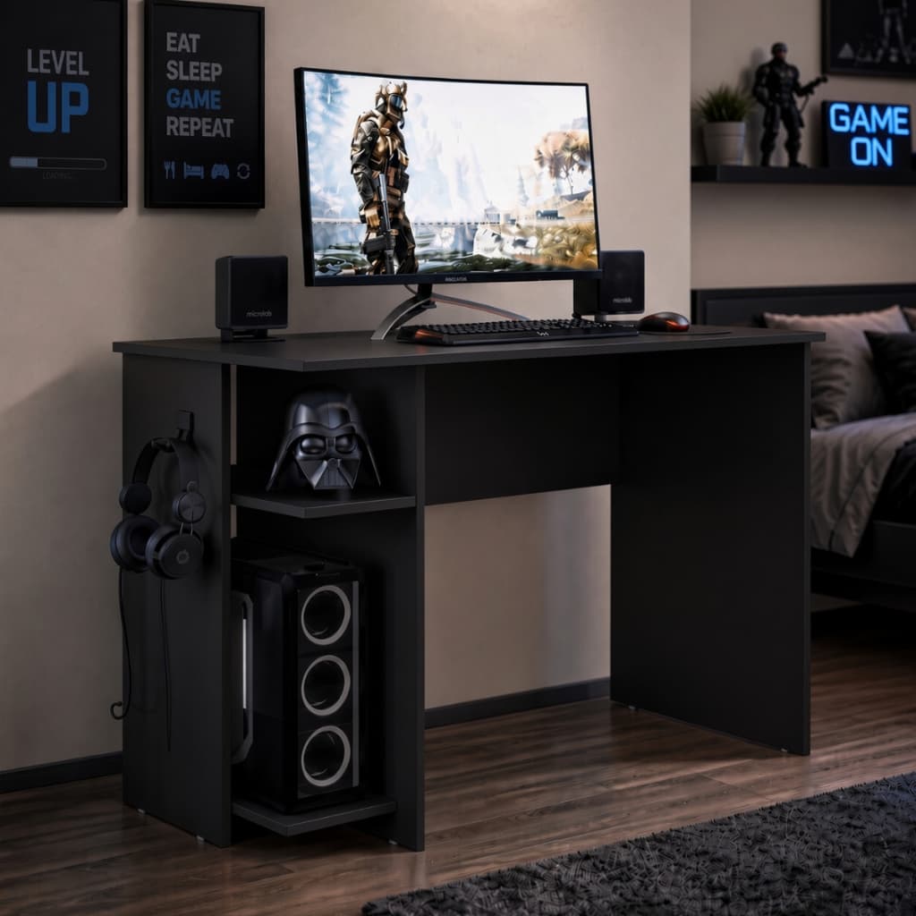 Mesa Gamer Escrivaninha 114cm para Computador PC com Prateleiras e Suporte para Fone Home Office Liberty Móveis