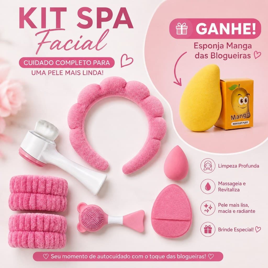KIT 6 PCS Acessórios de Skincare Cuidado Facial Spa Feminino - Tiara Nuvem,Pulseira  Atoalhada,Escova Facial Massagea
