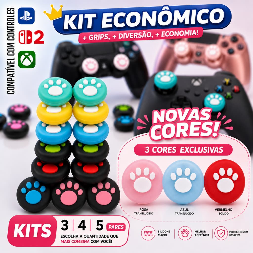 Kit Pares Grip para Analógicos de Controles de PS5, PS4, Xbox Series, One e 360 -  Pegada de Gato